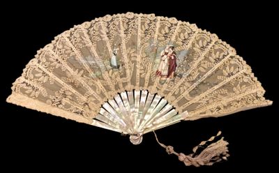a white fan with a painting on it on a black background