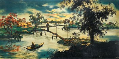 un tableau représentant deux personnes dans un bateau sur l'eau