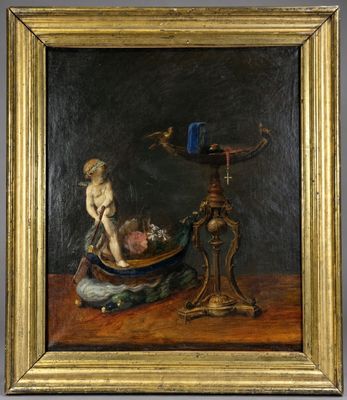 une image représentant un tableau où l'on voit une femme dans un bateau, posée sur une table