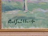 a painting of a tree in a field with a sky in the background
