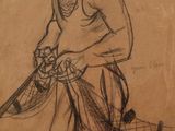 drawing of a man with a fishing net and a ball