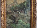 an oil painting of a bridge over a river with a castle in the background