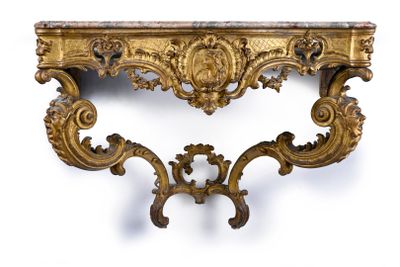 table console ancienne avec un plateau en marbre et un décor à la feuille d'or