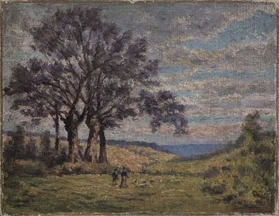 tableau représentant un groupe de personnes marchant dans un champ parsemé d'arbres