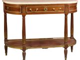 an image of a wooden table with a marble top and two drawers