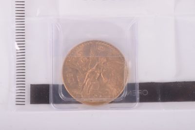 a small coin in a plastic holder on a ruler