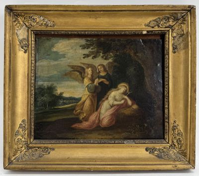 a painting of an angel and a woman in a landscape