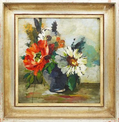 une peinture de fleurs dans un vase sur une table