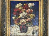 a painting of flowers in a vase on a table