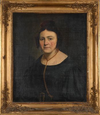 a painting of a woman in a black dress with a gold frame