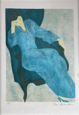 tableau représentant une femme en robe bleue, assise sur une chaise bleue