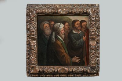 un tableau représentant un groupe de personnes debout, rassemblées