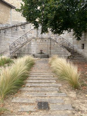 un escalier menant à un bâtiment en pierre, avec un arbre au premier plan