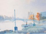 a painting of boats on the water near a bridge