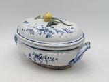 un bol bleu et blanc orné d'un citron