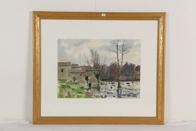aquarelle encadrée représentant un paysage fluvial avec des arbres et des bâtiments