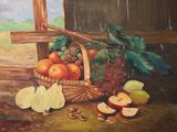une peinture représentant une corbeille de fruits sur une table