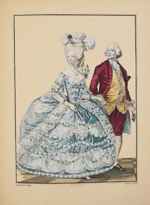 an old fashion illustration of a man and a woman dressed in fancy clothing