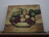 a painting of a bowl of fruit on a shelf
