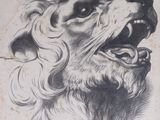 an old drawing of a dog ' s head with its mouth open