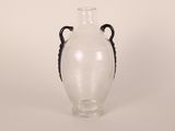 a glass vase with a black handle on a white background