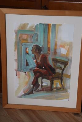 a picture of a painting of a woman sitting on a chair