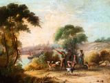 painting of a painting of a group of people and animals by a river