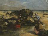 tableau représentant un groupe de personnes debout sur une plage, à côté d'un éléphant