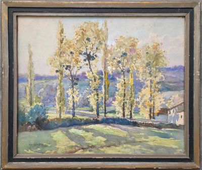 une peinture à l'huile représentant des arbres dans un champ, avec une maison en arrière-plan