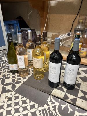 several bottles of wine are lined up on a counter top