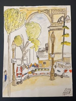 a drawing of a street scene with cars and a bus