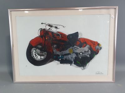 painting of a red motorcycle in a frame on a gray background