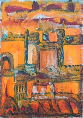 a painting of an orange and yellow landscape with a castle in the distance