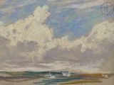 an image of a painting of clouds in the sky over a field