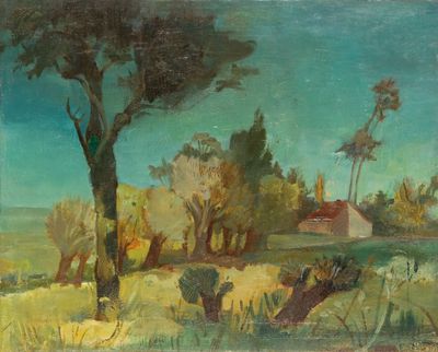 une image représentant un tableau représentant un champ avec des arbres et une maison