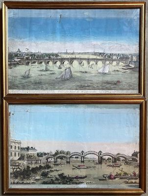 two paintings of a bridge over a river with boats on it