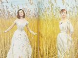 two pictures of a woman in a white dress in a field