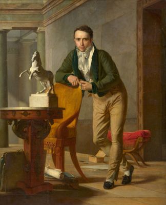 tableau représentant un homme appuyé contre une chaise, à côté d'une statue de cheval