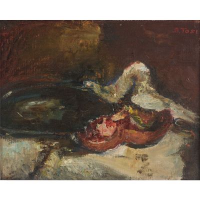 une peinture à l'huile représentant un bol de nourriture posé sur une table