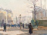 painting of a street scene with people walking and walking on the sidewalk