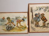two framed pictures of children playing on the beach