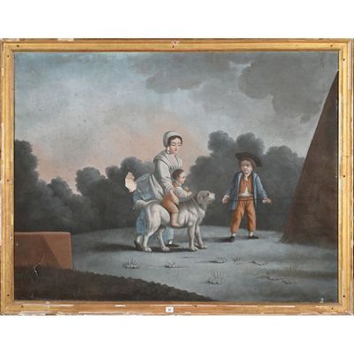 tableau représentant deux enfants et un chien dans un paysage avec une pyramide