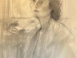 a drawing of a woman sitting in front of a window