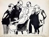 drawing of a group of men in suits standing around a woman in a chair