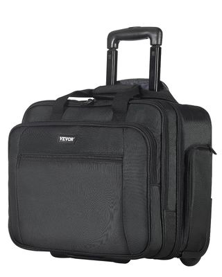 a close up of a black suitcase with wheels on a white background
