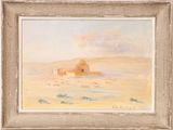 un tableau représentant un paysage désertique avec un bâtiment au loin