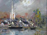 an oil painting of a church on a small island in the water
