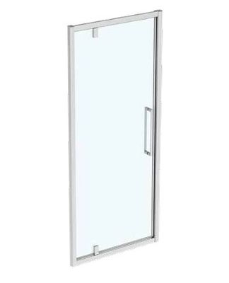 the glass shower door has a sliding handle on the side of it