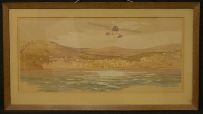 an image of a painting of a plane flying over a body of water