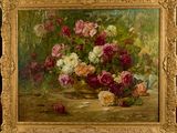 painting of flowers in a vase on a table with a black background